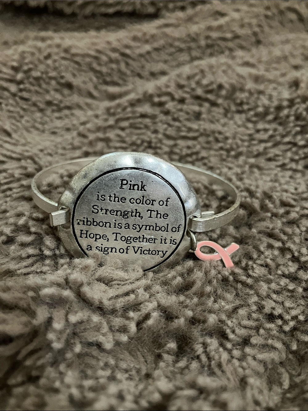 Inspirational Pink Ribbon Silver Tone Bracelet